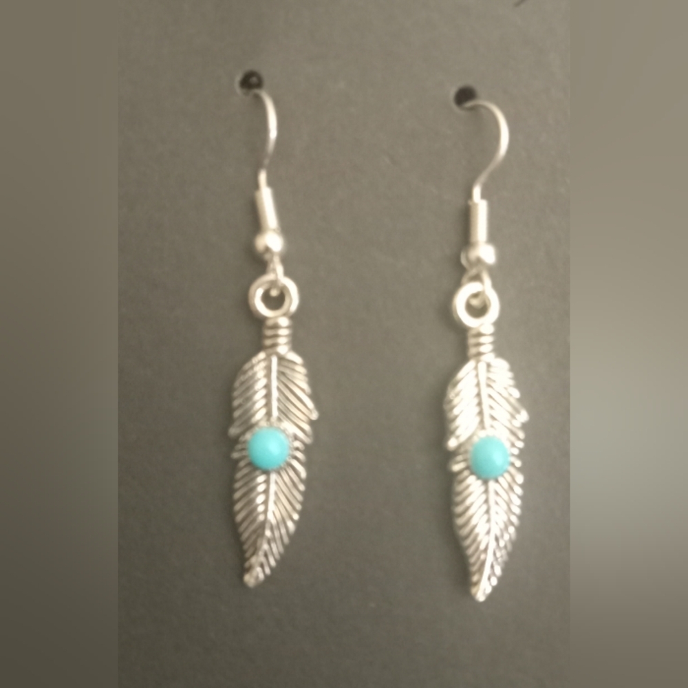 Silver Feather Earrings with Turquoise Accent - Picture 1 of 1
